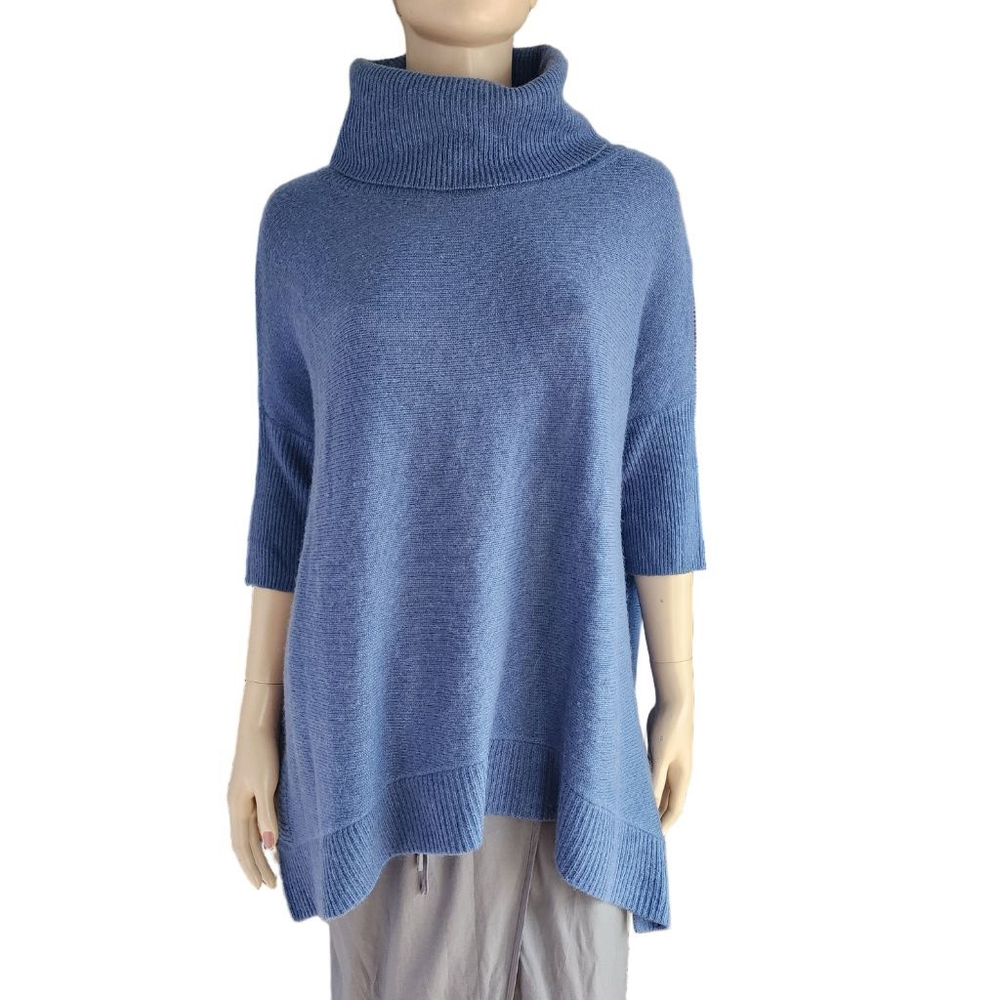 BERYLL Blue Asymmetrical Hem‎ Cashmere Cowl Neck Poncho Sweater One Size
